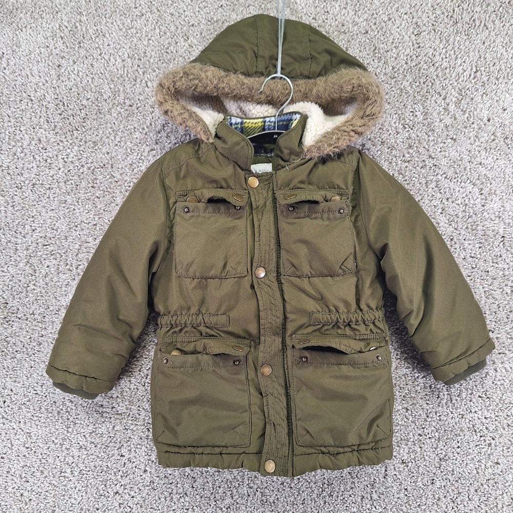 Carter's Jacket Boys S/4 Green Heavyweight Parka Faux Fur Hood Utility Winter